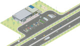 アイソメトリック図法で描いた日本の高速道路とパーキングエリアのイメージ / Isometric illustration : Japanese Expressway rest stop