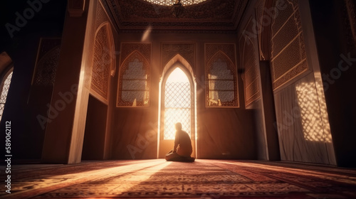 A person praying during Ramadan in a beautiful mosque, generative ai