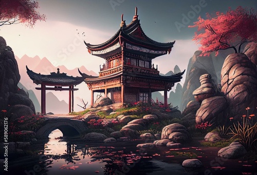 Chinese style structures. Digitally painted world. Colorful artistic scenery. Beautiful landscape. 3D illustration. Generative AI