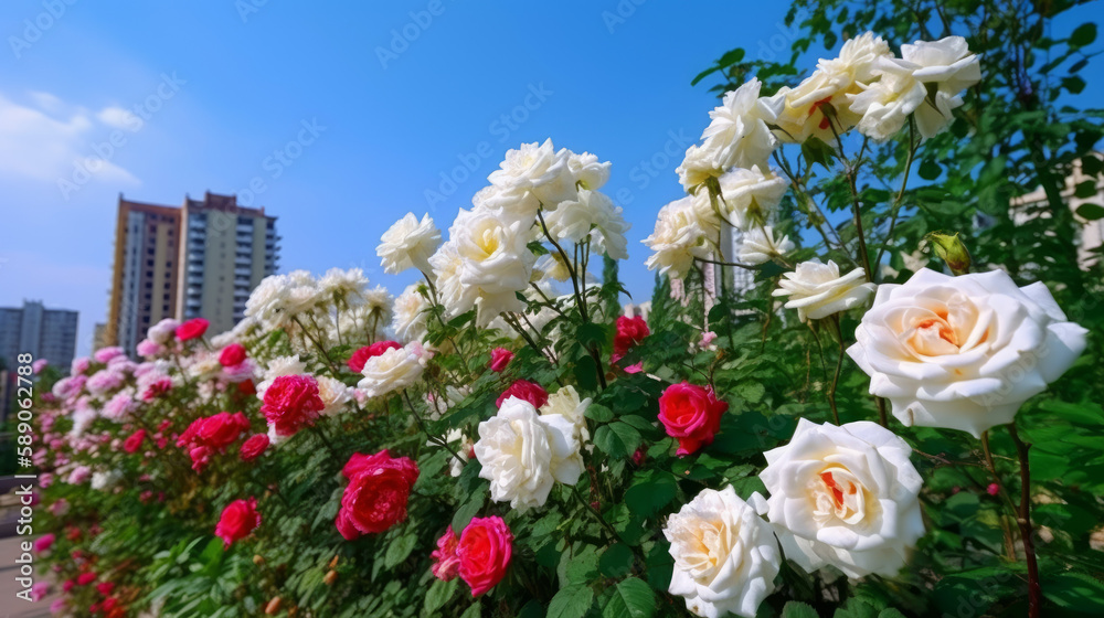 A row of unrestrained blooming white roses in new york, generative ai
