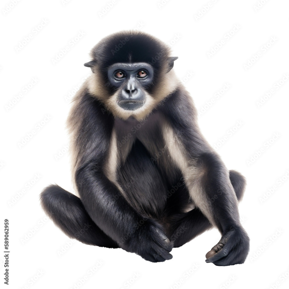Enticing Sitting Black Gibbon Monkey, Front View. Generative AI Enticing Sitting Black Gibbon Monkey, Front View. Generative AI