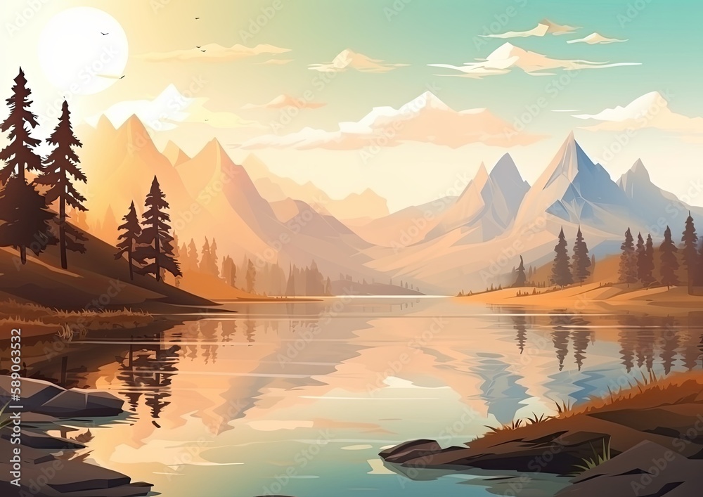 Illustration of sunrise over the lake between the mountains. Generative AI.