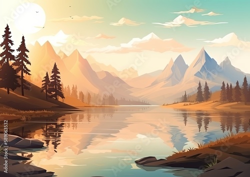 Illustration of sunrise over the lake between the mountains. Generative AI.