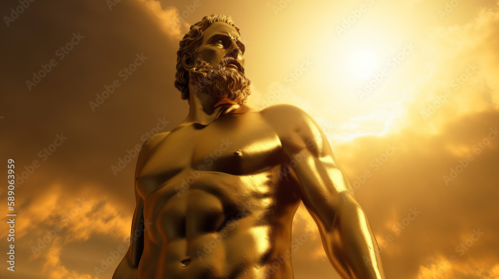 Ancient greek gold sculpture of man from bottom view, generative ai