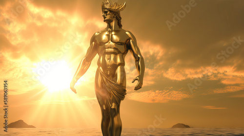 Ancient greek gold sculpture of man from bottom view, generative ai