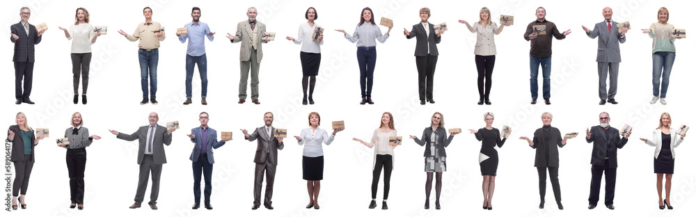 group of happy people with gifts in their hands isolated group of happy people with gifts in their hands isolated