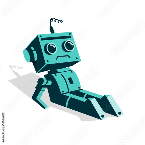 Broken robot. Damaged robotic character cartoon. Vector illustration flat design. Isolated on white background.