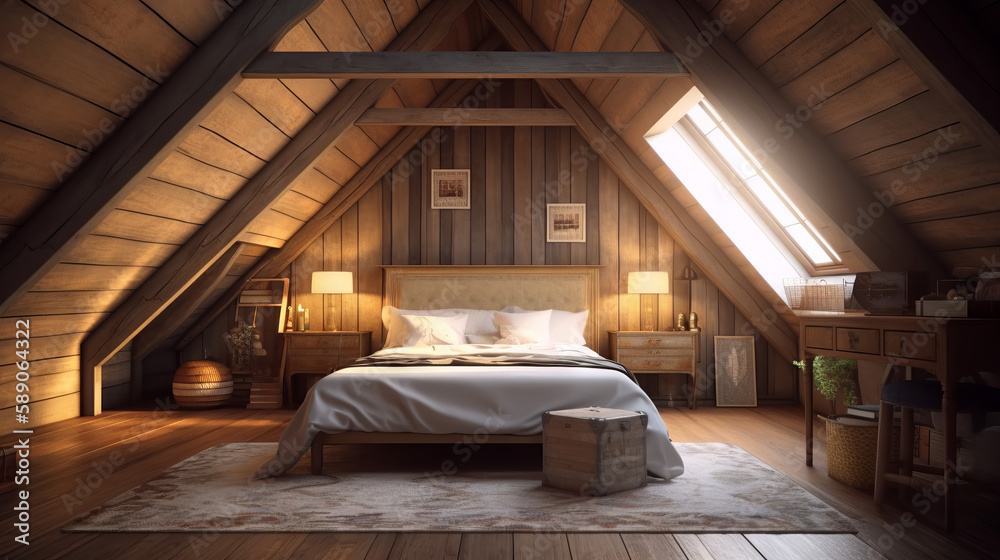 Attic bedroom with a large bed and sun from findow, generative ai