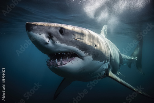 Great white shark underwater close up