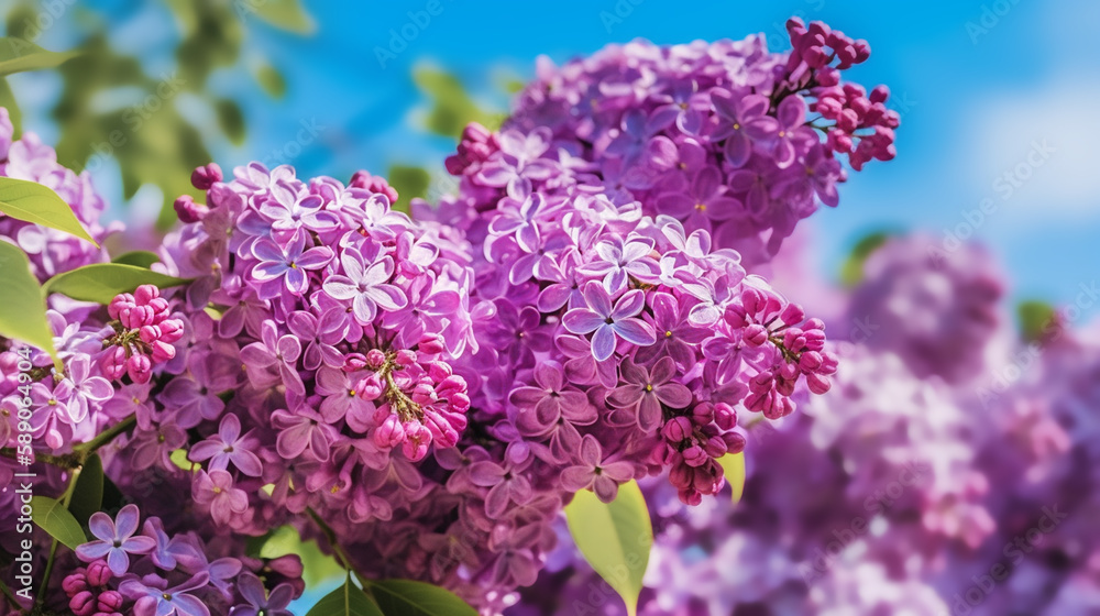 Beautiful lilac flowers on a background of blue sky. Spring landscape. Generative AI