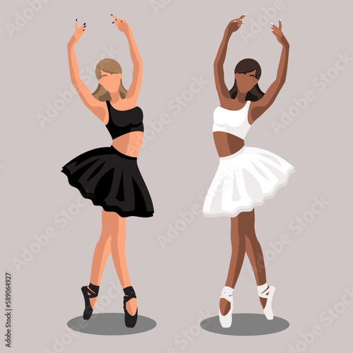 Vector illustration classical ballet. African American with a Caucasian white faceless ballerinas in black and white tutus and pointe shoes dancing on purple background in a flat style