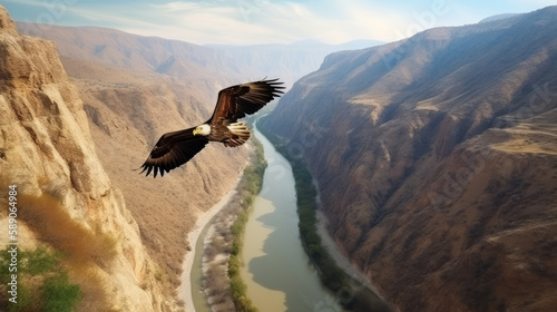 Big eagle is soaring over canyon and river, generative ai