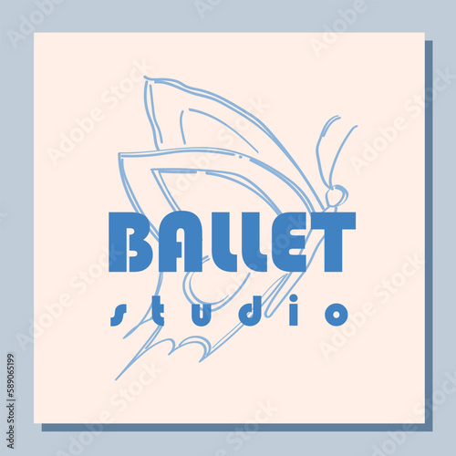 Theatre ticket design. Ballet school flyer template. Silhouette of a blue butterfly on white background. Blue card design. Vector illustration