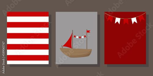 Set of postcards and seamless patterns in nautical style. Marine theme in red colors. Children's postcards and backgrounds. Ships, sailboats, flags, compass, lifebuoy, lighthouse