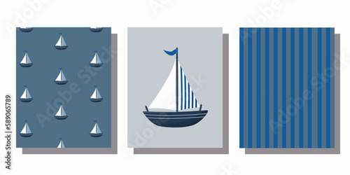 Set of postcards and seamless patterns in nautical style. Marine theme in blue colors. Children's postcards and backgrounds. Ships, sailboats, flags, compass, lifebuoy, lighthouse