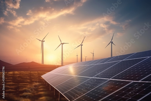 **wind turbine with solar panels and sunset. concept clean energy, blur background, illustration
