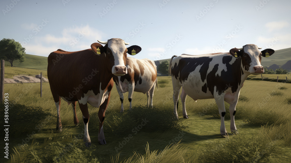 Cows on meadow in sunny day, generative ai