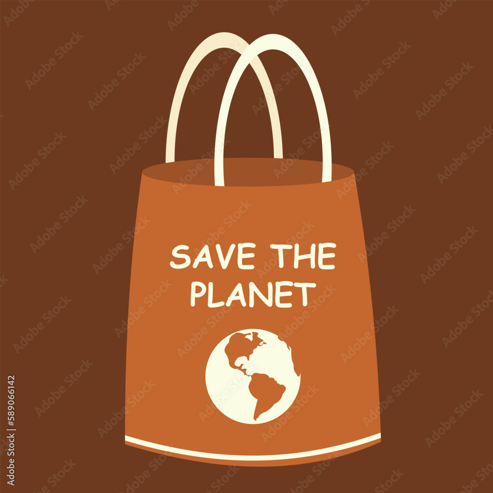 Eco bag with text vector Illustration. Reusable shopping bag with lettering Save The Planet. Ecology shopping. Handbag with typography