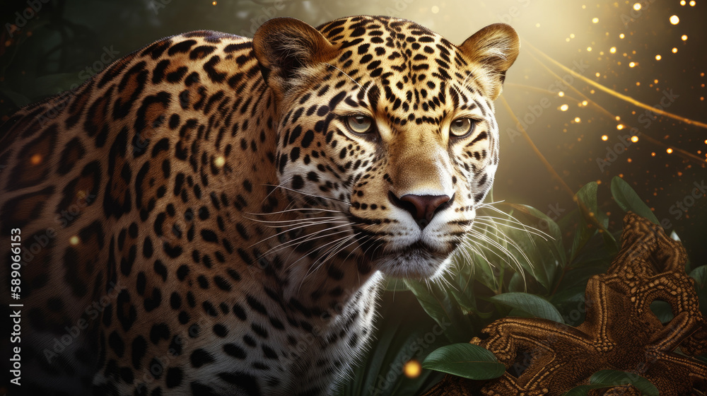 Fototapeta premium Jaguar with dramatic lighting in sunset in jungle, generative ai
