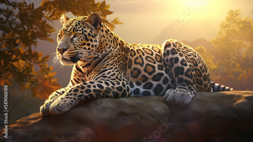 Jaguar with dramatic lighting in sunset in jungle  generative ai
