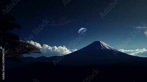 Crescent moon over Mount Fuji in japan, generative ai