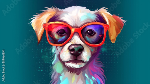 Cute dog head wearing glasses in a lot of colors  generative ai