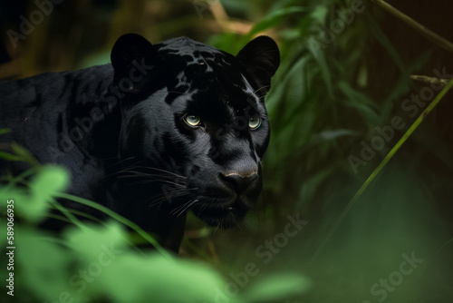 Portrait of a black jaguar in the rain forest