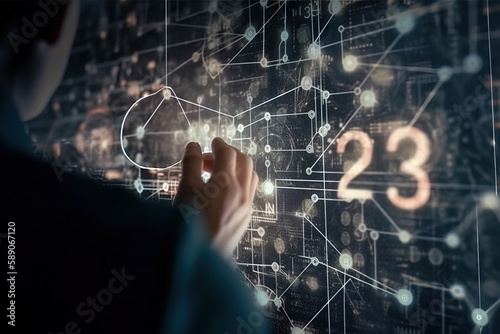 Goal of business new year in 2023, Investor, Businessman analysis economic and calculates financial data and target for long-term investments and profitability in future on digital data network