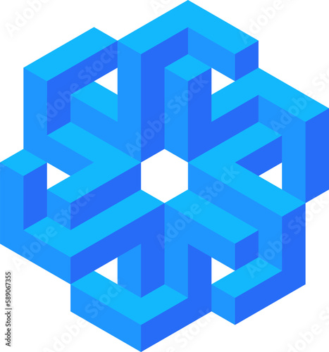 3d optical illusion of cross shape. 3d illusion circle shape of block cube. 3d geometric blue circular blocks. Vector illustration for logo  design or art with perspective illusion cubes