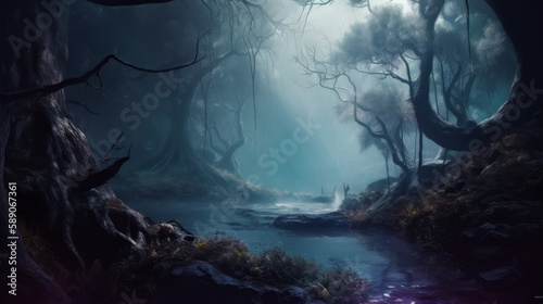 Fantasy aesthestic enchanted smoothing landscape with magical light, generative ai