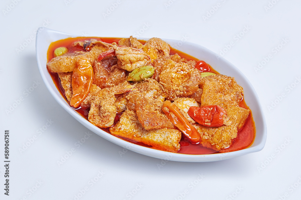 Sambal goreng krecek with shrimp and petai, famous indonesian traditional food, isolated Sambal goreng krecek with shrimp and petai, famous indonesian traditional food, isolated