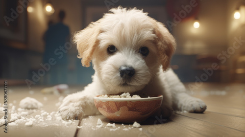 Fluffy baby puppy eating an ice cream with his noce covered of cream, generative ai