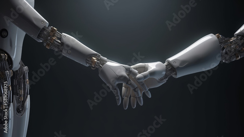 Handshaking with robot on one color background, generative ai