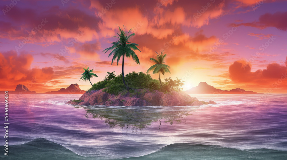 Image of tropical island with coconut palm trees and sunset behind it with orange clouds, generative ai