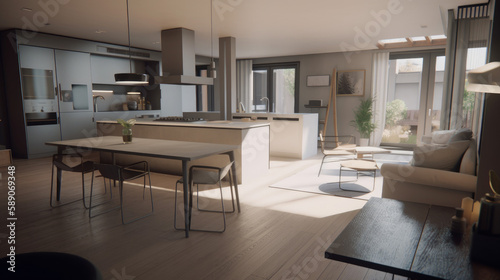 Interior of modern kitchen with a lot of light, generative ai