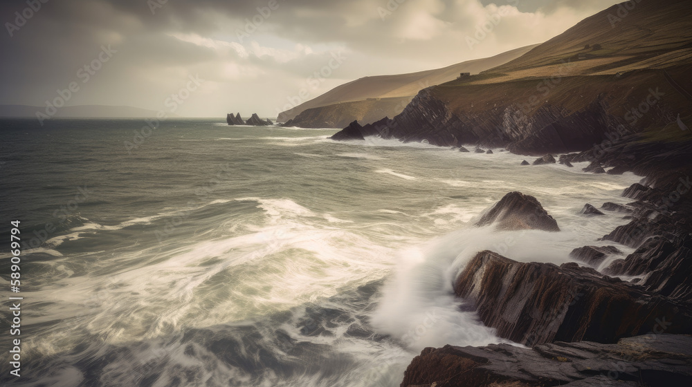 Irish coastline with sea waves and dramatic clouds, generative ai