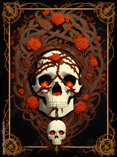 Tarot card with skulls, vines and roses - poster design - the death - generative ai generativ ki - digital painting - death card - human skull wrapped in vines with ornate border - ink - mortality