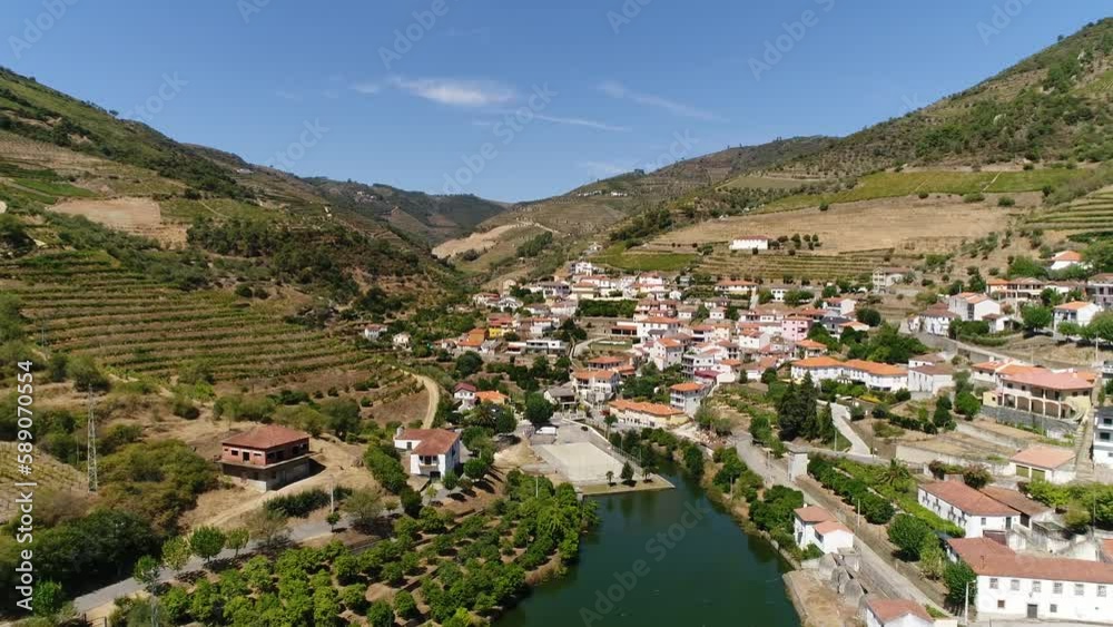 Aerial View of Village Houses on the Mountains Near River Douro in the Famous Porto Wine Region Portugal Aerial View of Village Houses on the Mountains Near River Douro in the Famous Porto Wine Region Portugal