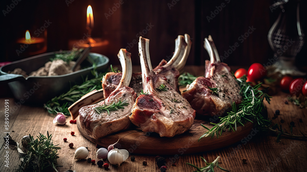 Lamb chops in a rustic kitchen with dark background, generative ai
