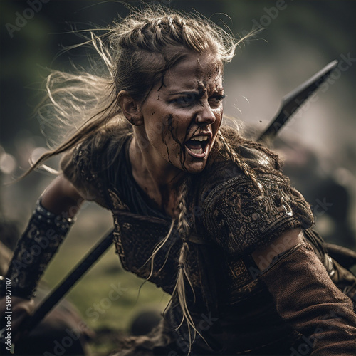Medieval female Viking warrior screaming in battle, Generative AI