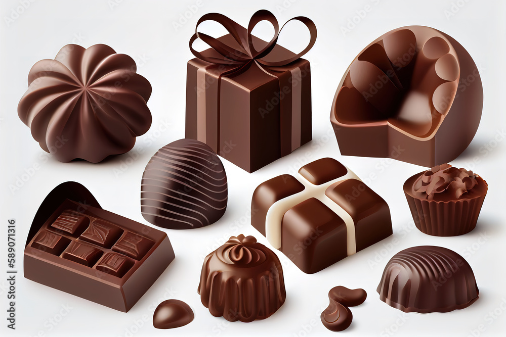 Delicious chocolate candies isolated on white. Generative Ai Delicious chocolate candies isolated on white. Generative Ai