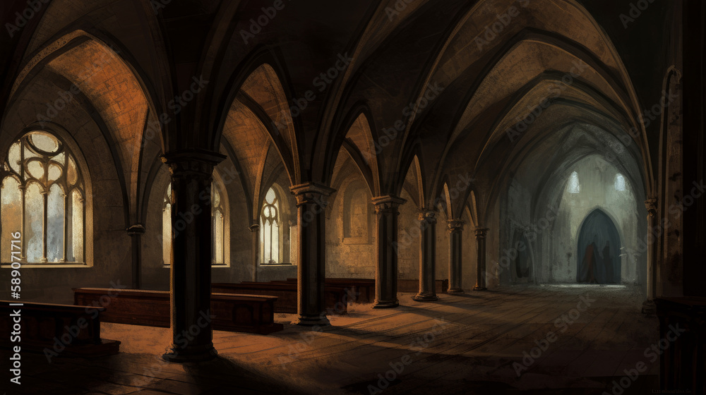 Obraz premium Medieval interior of 13th century with giants arches, generative ai