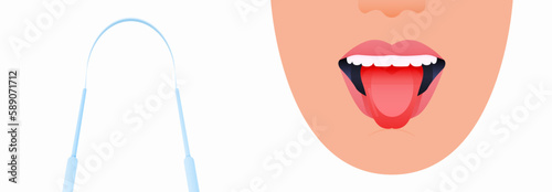 Dental Tongue Scraper Oral Tool. Half Female Face with Beautiful Smile White Teeth Mouth Open Showing Tongue. Highlighted Tongue. Modern Flat Vector Illustration.