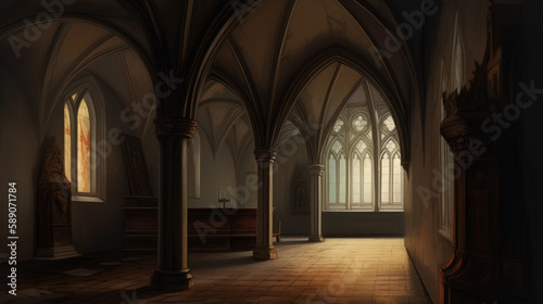 Medieval interior of 13th century with giants arches, generative ai © TheGoldTiger