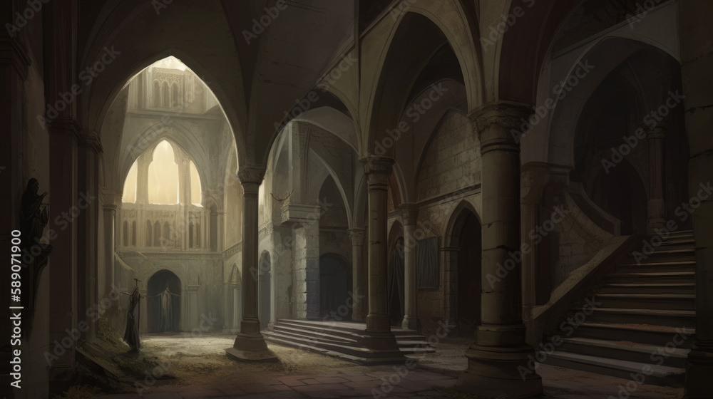 Obraz premium Medieval interior of 13th century with giants arches, generative ai