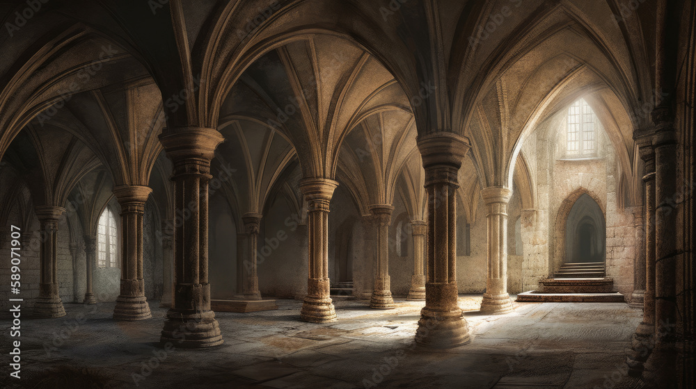 Fototapeta premium Medieval interior of 13th century with giants arches, generative ai