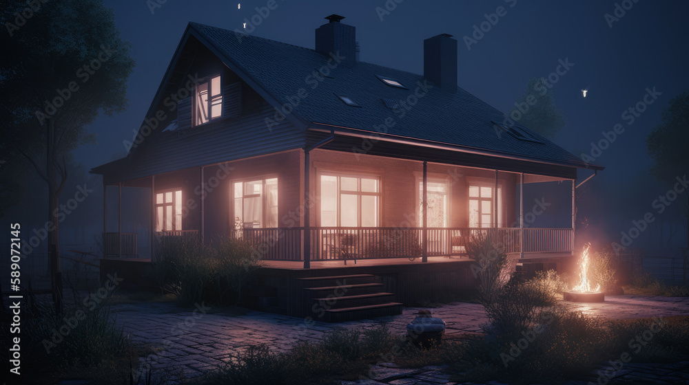 House in night with lights on country, generative ai House in night with lights on country, generative ai
