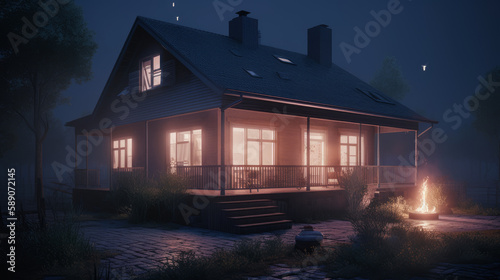 House in night with lights on country, generative ai