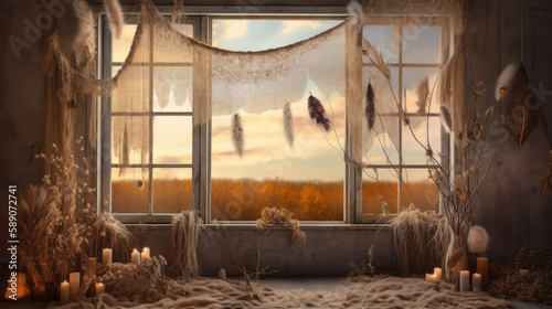 Backdrop with dry grasses with window frame  generative ai
