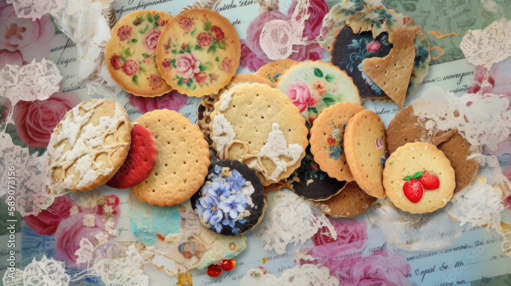 Cookies on paper with garden flowers, generative ai